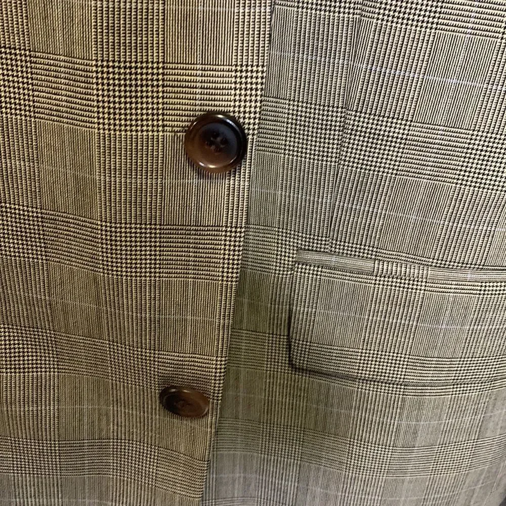 Polo University Club by Ralph Lauren Tan Black Blue Plaid Wool Suit Size 41Tall